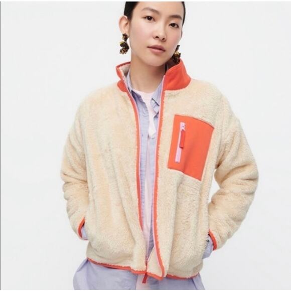J.Crew Womens Super Plush Sherpa Sweater Jacket S Beige Orange - Picture 1 of 8